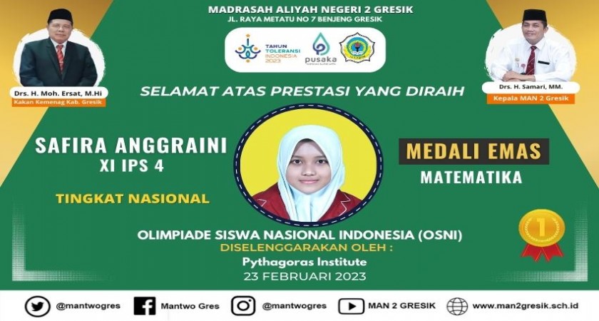 HEBAT! SAFIRA DARI MAN 2 GRESIK RAIH MEDALI EMAS OLIMPIADE MATEMATIKA ...