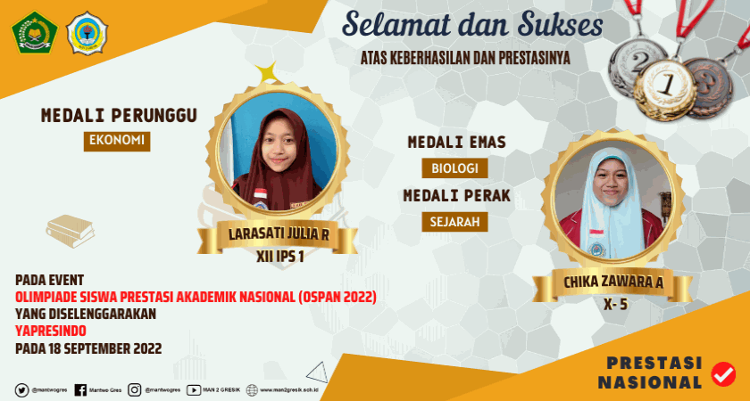 BERHASIL WUJUDKAN MIMPI, DUA SISWI MAN 2 GRESIK SABET MEDALI PADA OSPAN 2022