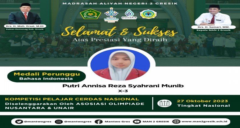Putri Annisa Reza Syahrani Munib dari MAN 2 Gresik Membawa Pulang Medali Perunggu dalam Kompetisi Pelajar Cerdas Nasional 2023