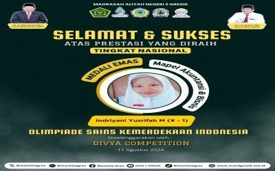 Indriyani berhasil memperoleh  medali emas dalam Olimpiade Sains Kemerdekaan Indonesia tingkat nasional