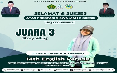 Lillah, Siswa MAN 2 Gresik Meraih Juara 3 Storytelling Tingkat Nasional dalam Event 14th English Parade