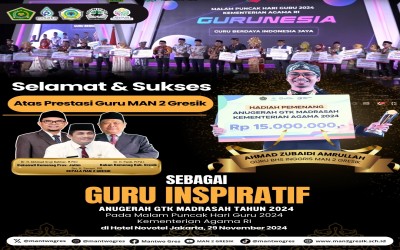 Guru MAN 2 Gresik, Ahmad Zubaidi Amrullah, S.Pd, Raih Juara 1 Guru Madrasah Aliyah Inspiratif Tingkat Nasional