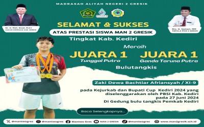 Siswa MAN 2 Gresik, Zaki Dewa, Raih Juara 1 Single dan Ganda Taruna Putra dalam Kejurkab dan Bupati Cup Kediri 2024