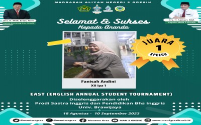 Prestasi Memukau Siswa MAN 2 Gresik: Fanisa Andini Raih Juara 1 dalam Kompetisi Speech Nasional di Universitas Brawijaya Malang