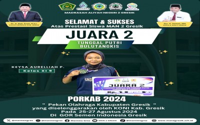 Membanggakan ! Keysa Aurelliah Precillia Siswa MAN 2 Gresik Sabet Juara 2 bulu tangkis tunggal putri di ajang Pekan Olahraga Kabupaten (PORKAB) Gresik