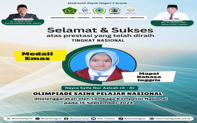 Nayra Syifa Nur Azizah, siswa kelas X-8, berhasil meraih Medali Emas dalam bidang Bahasa Inggris pada ajang Olimpiade Sains Pelajar Nasional (OSPN)