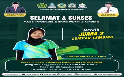 Davina Auriza S. dari kelas XII-3 berhasil meraih Juara 2 dalam cabang olahraga Lempar Lembing dalam ajang Pekan Olahraga Kabupaten (PORKAB) Gresik 2024