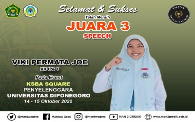 VIKI PERMATA JOE BUAT BANGGA MAN 2 GRESIK SETELAH MERAIH JUARA 3 SPEECH DI UNIVERSITAS DIPONEGORO