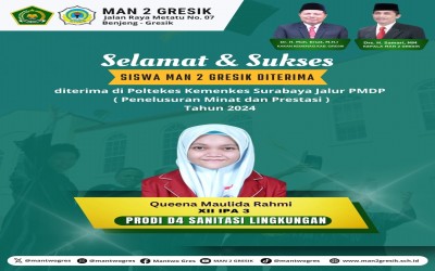 Queena Maulida Rahmi, Siswi Kelas XII IPA 3 MAN 2 Gresik, Diterima di POLTEKESBAYA Program Studi D4 Sanitasi Lingkungan Jalur Rapot