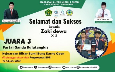 Zaki Dewa, Siswa MAN 2 Gresik, Raih Juara 3 Ganda Putra di Kejuaraan Bulu Tangkis Blitar Bumi Bung Karno Open 2023 Tingkat Nasional