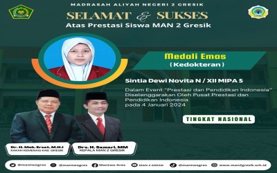 Sintia Dewi Novita Ningrum, Siswa Kelas XII IPA 5 MAN 2 Gresik, Meraih Medali Emas dalam Acara Pusat Prestasi dan Pendidikan Indonesia di Bidang Kedokteran