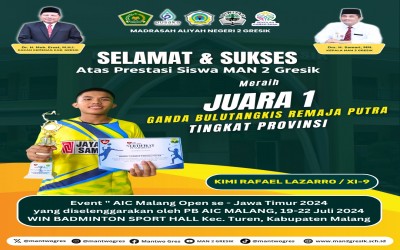 Prestasi Gemilang: Kimi Rafael L dari MAN 2 Gresik Juara 1 Ganda Remaja Putra di AIC Malang Open 2024