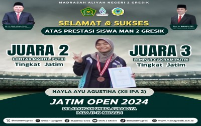 Nayla Ayu Agustina, Siswi MAN 2 Gresik, Raih Dua Prestasi di Jatim Open 2024: Juara 2 Lempar Martil Putri dan Juara 3 Lempar Cakram Putri Tingkat Jatim